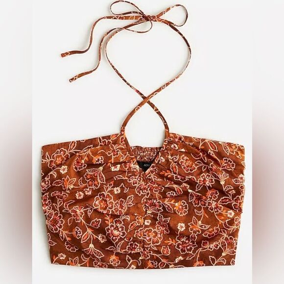 NWT J Crew Cropped Halter Top Brown Vintage Vines Floral Print Size 6 - Picture 2 of 11
